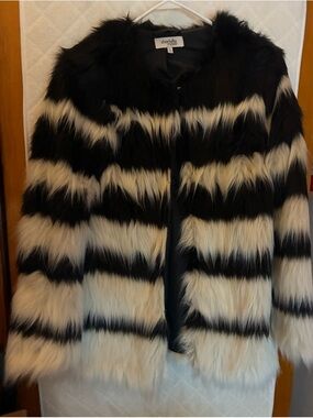 Charlotte Russe Black and White Faux Fur Striped Teddy Jacket